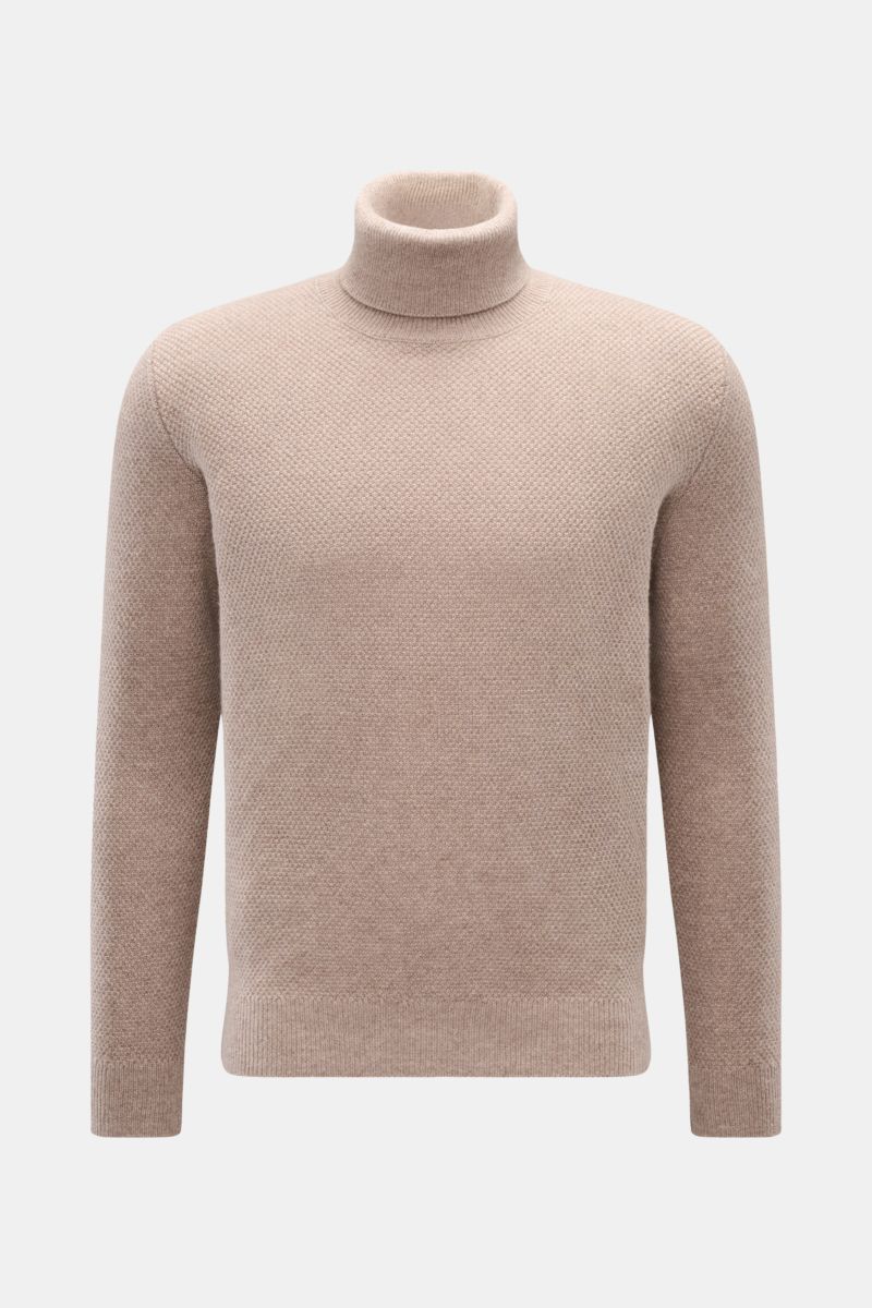 von Braun Cashmere Rollkragenpullover beige meliert, frontale Ansicht, Slim Fit, mittelfeiner Strukturstrick, weicher Griff, Rippstrick Rollkragen und Bündchen, reiner mongolischer Cashmere