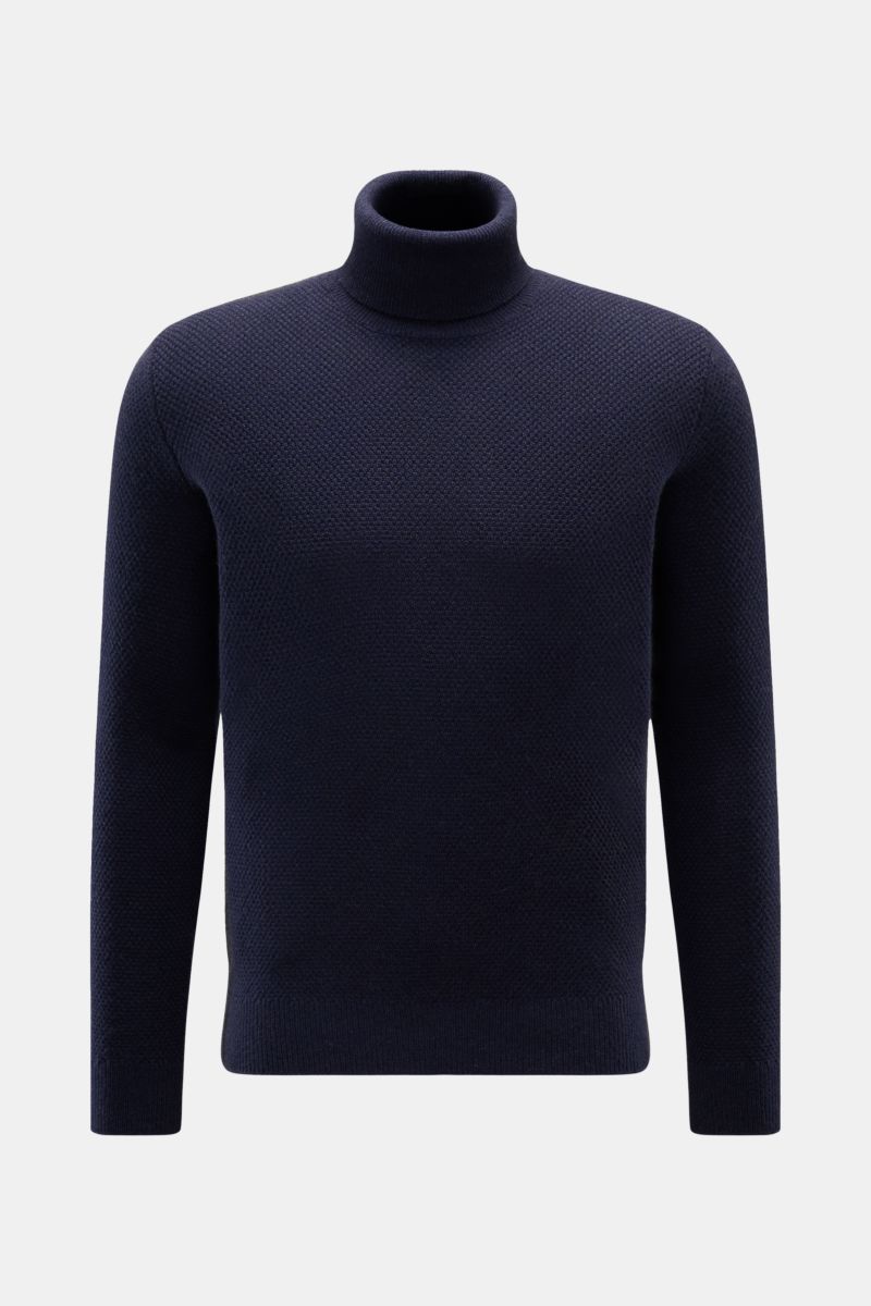 von Braun Cashmere Rollkragenpullover navy, frontal fotografiert, Slim Fit, reiner mongolischer Cashmere, edler Strukturstrick, Rollkragen und Rippbündchen, mittelfeines Strickbild, weicher Griff