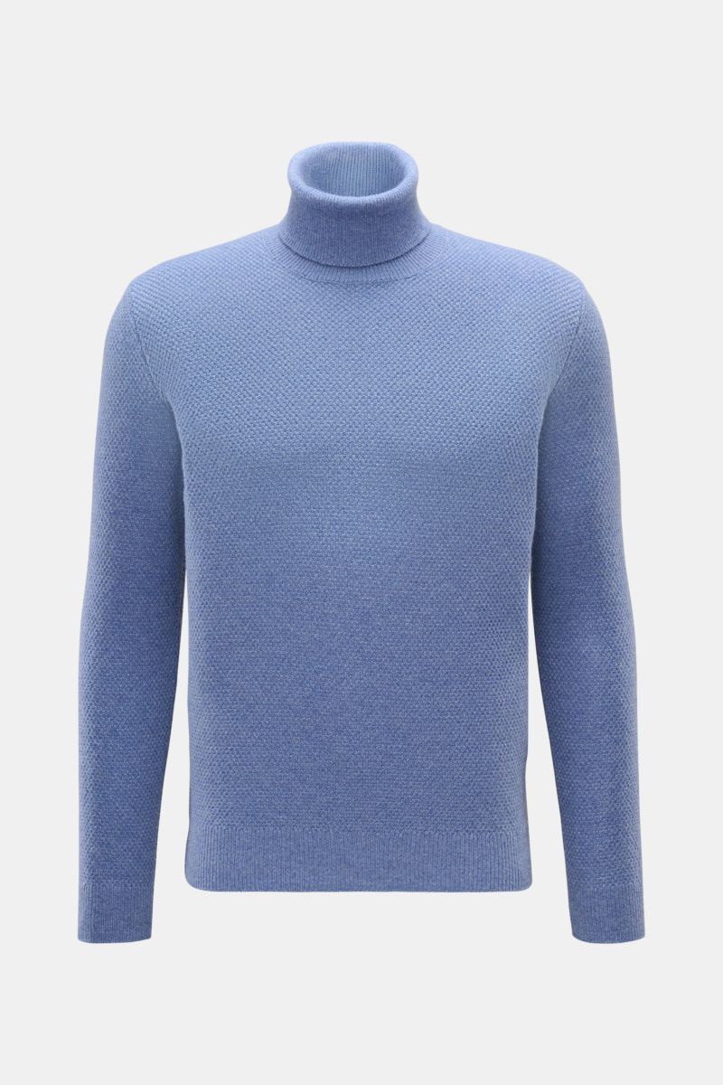 von Braun Cashmere Rollkragenpullover blau meliert, Slim Fit, mittelfeiner Strukturstrick, weicher Griff, Rippstrick-Rollkragen und Rippbündchen, frontale Ansicht