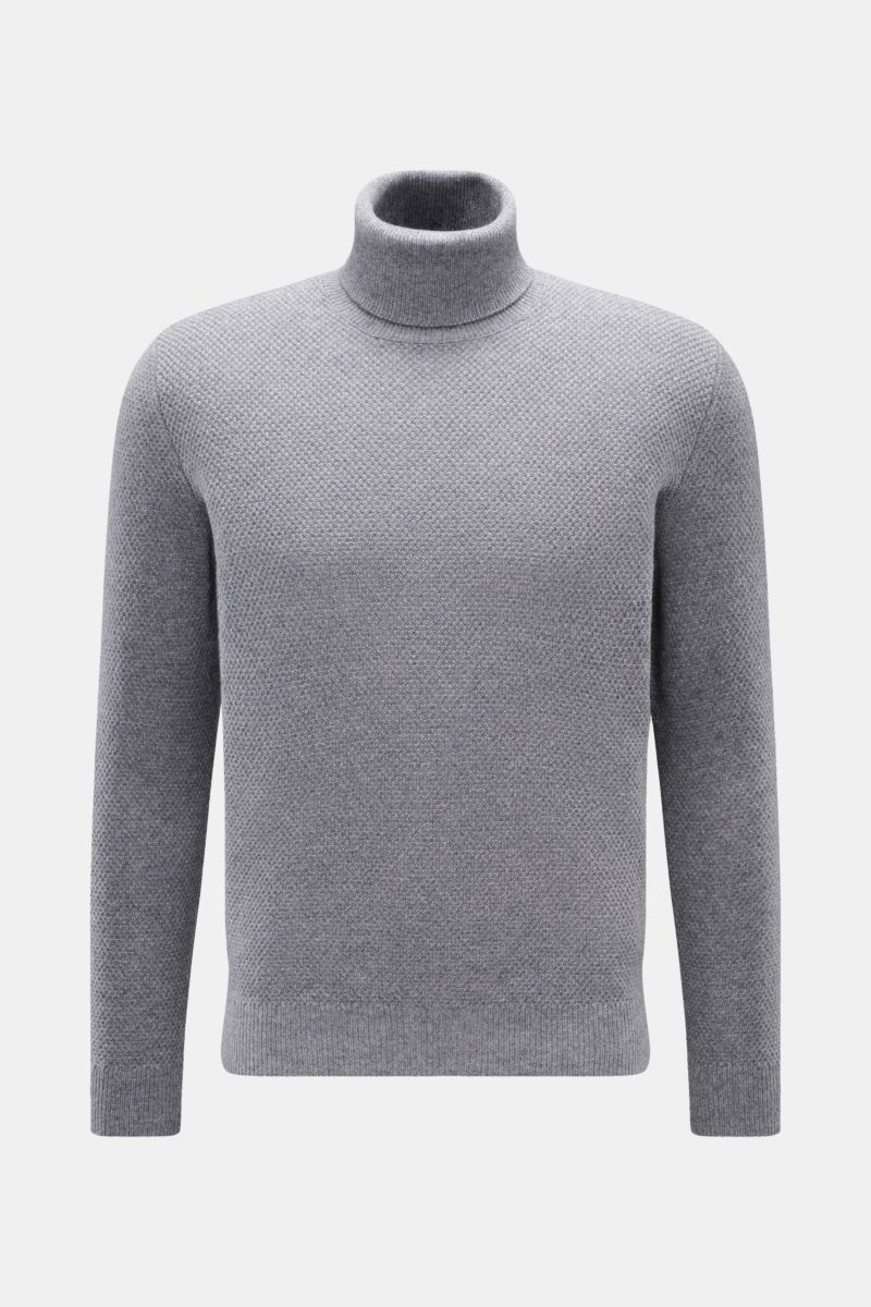 von Braun Cashmere Rollkragenpullover grau meliert, Slim Fit, mittelfeiner Strukturstrick, reiner mongolischer Cashmere, Rippstrick-Rollkragen und Bündchen, frontale Ansicht.