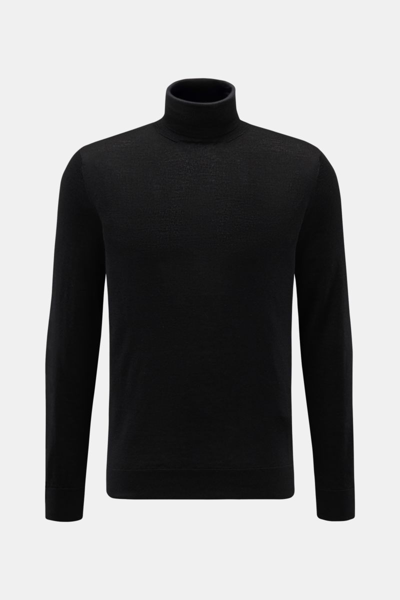 Colombo Feinstrick-Rollkragenpullover schwarz, frontale Ansicht, Regular Fit, feines Strickbild, Cashmere-Seiden-Mix, weicher Griff, flexible Rippbündchen.