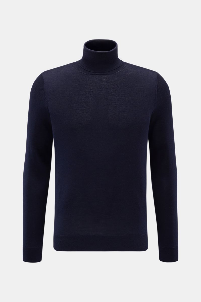 Colombo Feinstrick-Rollkragenpullover navy in Frontansicht, Regular Fit, weicher Cashmere-Seide-Mix, feines Strickbild, anliegender Rollkragen, flexible Rippbündchen.