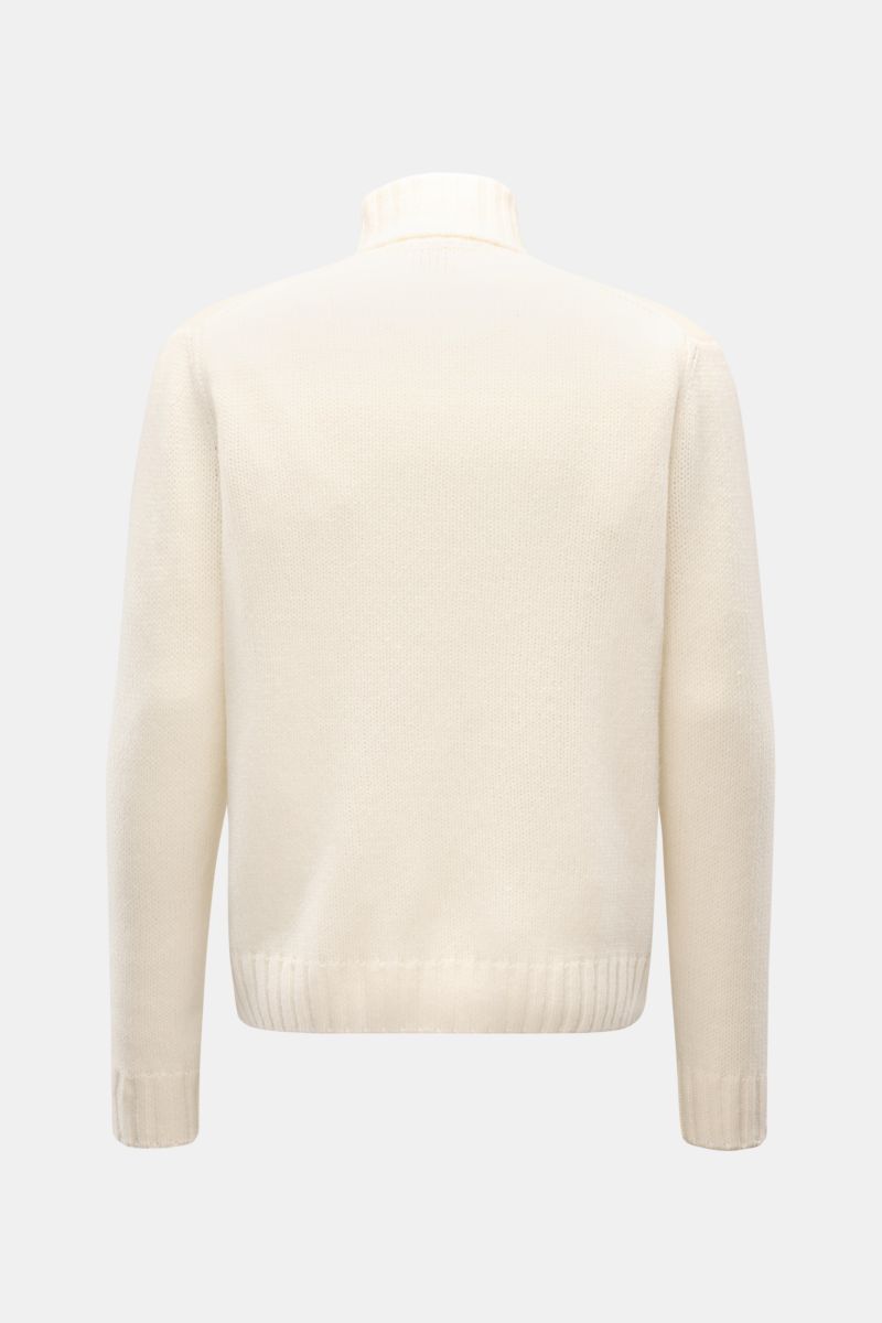 04651/ A trip in a bag Cashmere Rollkragenpullover creme, Rückansicht, oversized Fit, grobes Strickbild, reiner Cashmere, weicher Griff, Rippbündchen, Rollkragen.