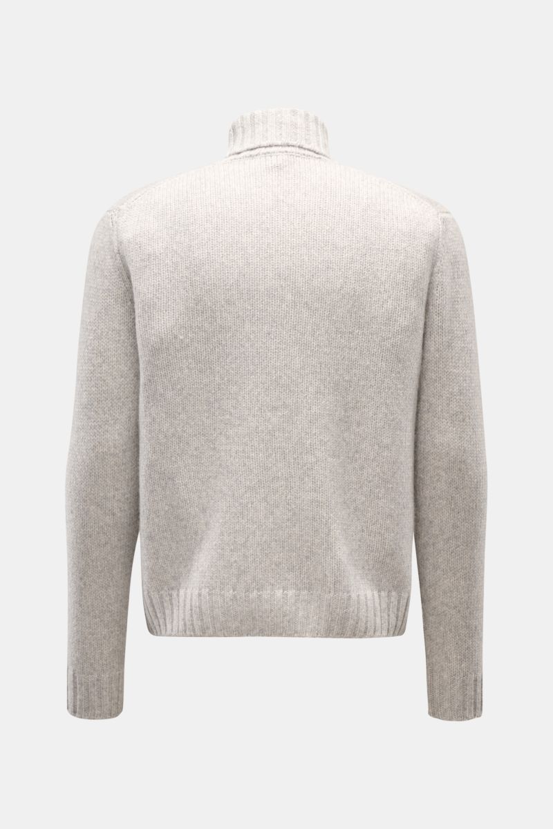04651/ A trip in a bag Cashmere Rollkragenpullover hellgrau meliert, Rückansicht, Oversized Fit, grobes Strickbild, reiner Cashmere, weicher Griff, Rollkragen, Rippbündchen.