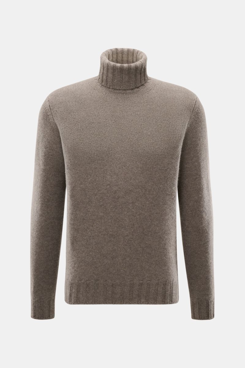 Front view of Fioroni Cashmere Rundhalspullover grau meliert turtleneck sweater, pure cashmere, very soft feel, medium-fine knit, slim fit, flexible ribbed cuffs. Souveräne Eleganz in ihrer luxuriösesten Form: Der Rollkragenpullover von FIORONI aus erlese
