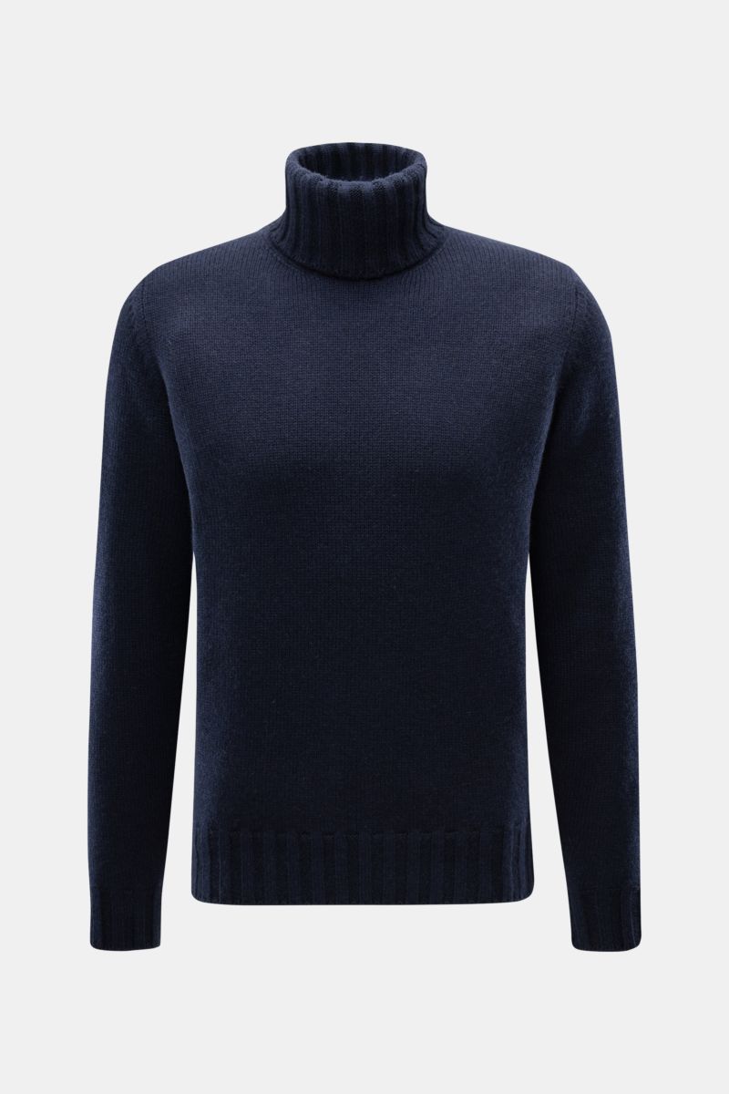 Front view of Fioroni Cashmere Rundhalspullover navy turtleneck sweater in pure cashmere, slim fit with soft feel and ribbed cuffs.