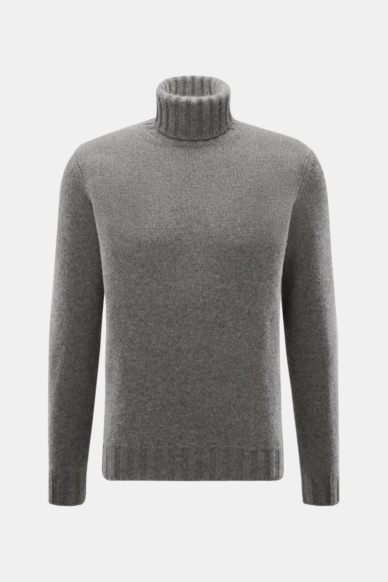 Front view of Fioroni Cashmere Rundhalspullover dunkelgrau meliert, a dark grey marl turtleneck sweater made of pure cashmere, featuring a very soft touch, medium-fine knit, slim fit, ribbed turtleneck, and flexible rib cuffs.

Souveräne Eleganz in ihr