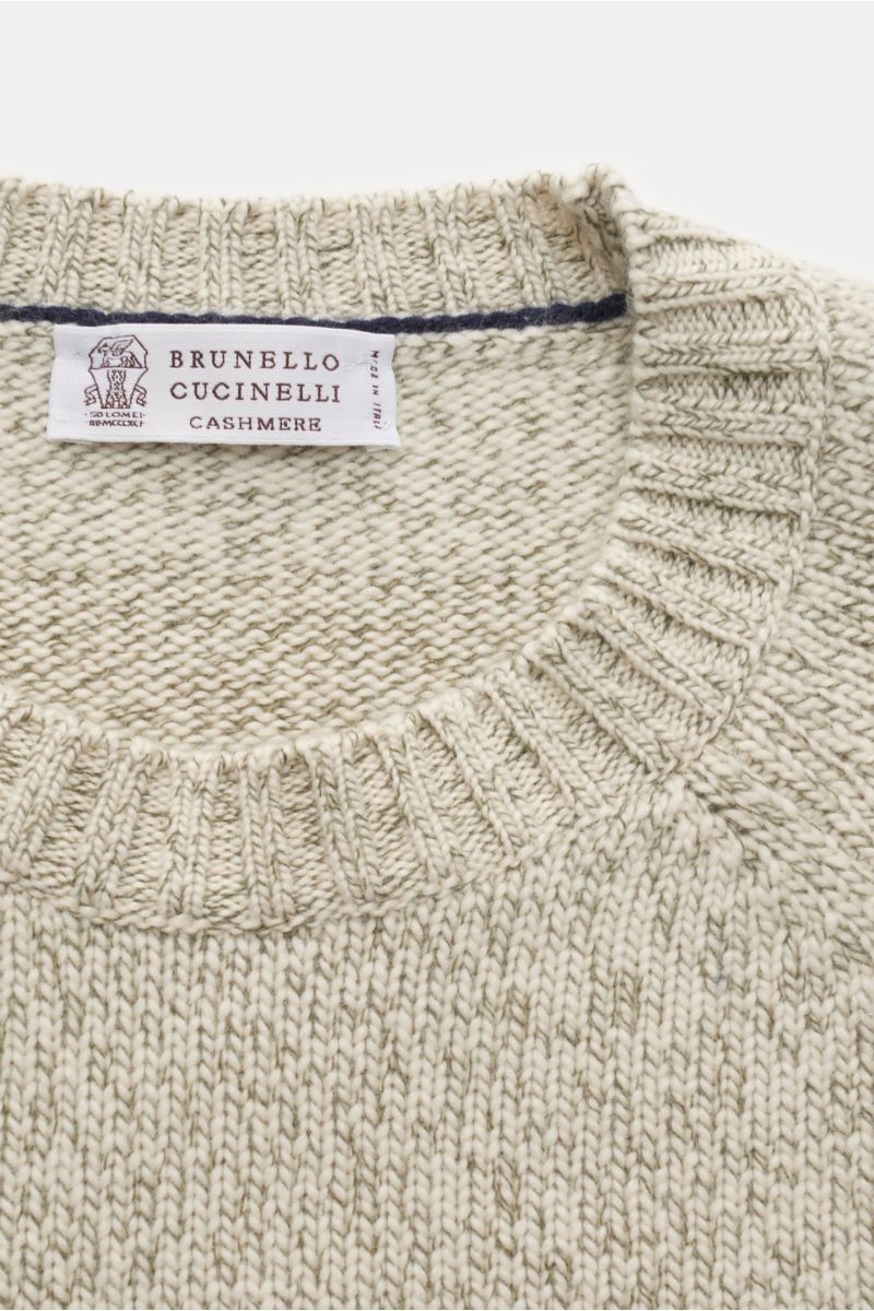 Brunello Cucinelli Cashmere Rundhalspullover creme/oliv gemustert