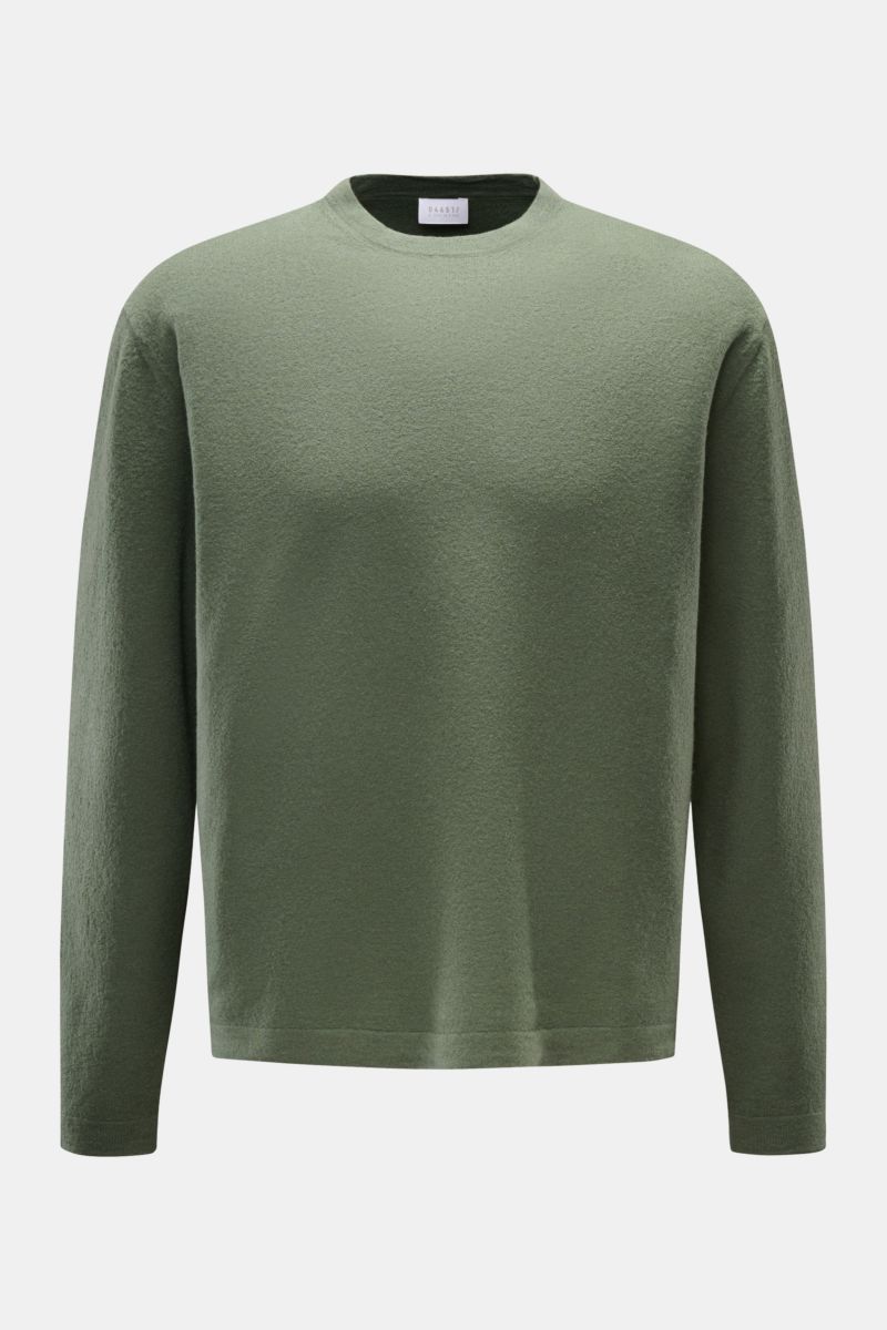 Front view of 04651/ A trip in a bag Crew neck jumper 'Ultimate' grey-green, casual and comfortable for cold days, pure soft wool, fine knit, regular fit, crew neck, double-layered seams.