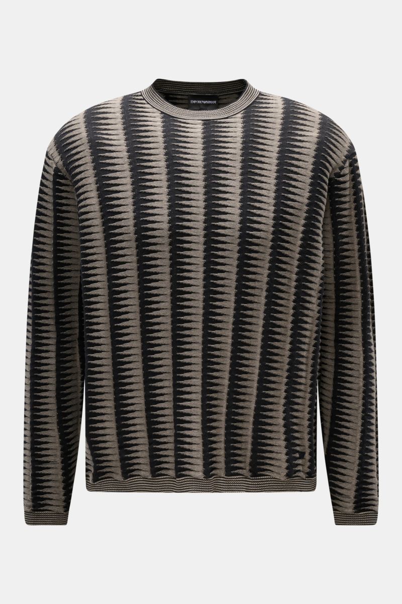 Emporio Armani Rundhalspullover schwarz/grau gemustert, frontale Ansicht, retroesker Strick, Baumwolle, Regular Fit, Rippbündchen, Logo am Saum.