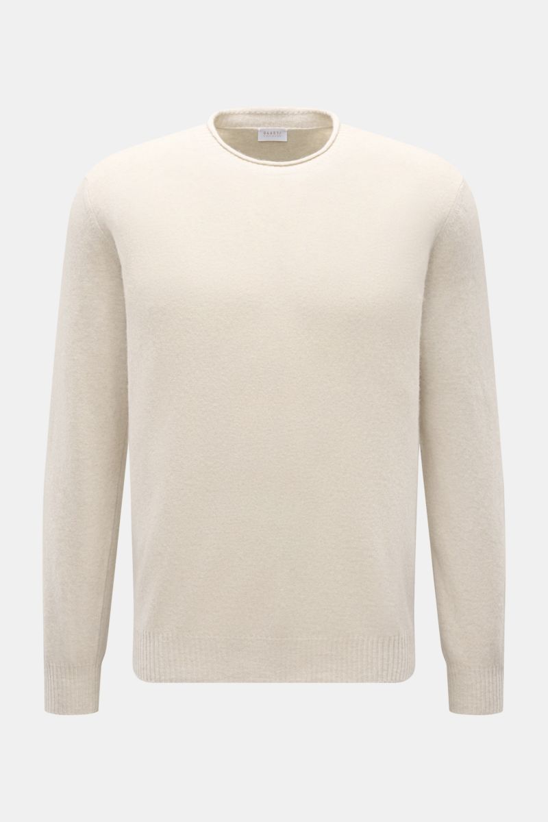 Front-facing view of the 04651/ A trip in a bag Crew neck jumper 'Boiled Crew' sand, a slim fit, fine knit jumper with a soft feel, crew neck, and flexible ribbed bands made from a blend of wool and viscose. Stylish comfort for cold days: This crew neck j