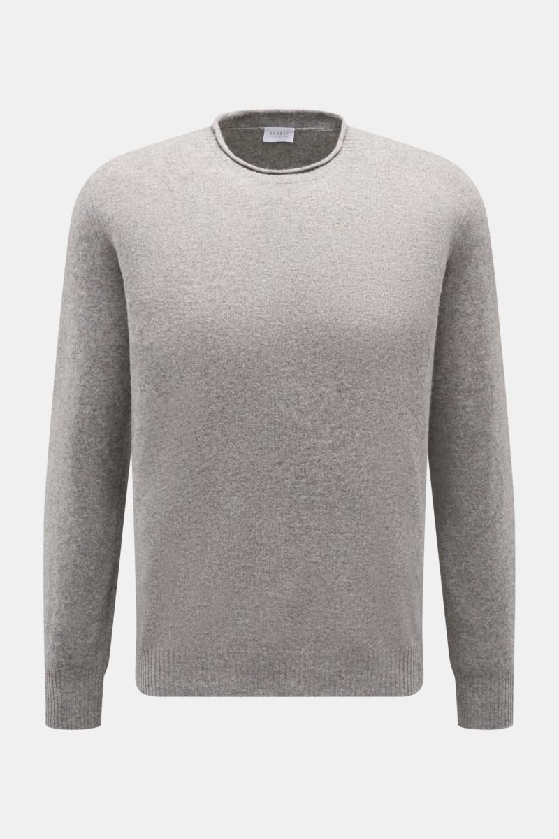 Front view of 04651/ A trip in a bag Crew neck jumper 'Boiled Crew' grey mottled, slim fit with crew neck, soft fine knit, wool and viscose blend, flexible ribbed bands. Stylish comfort for cold days with timeless elegance and warm feel.