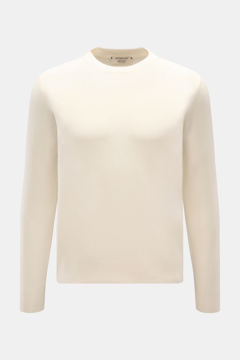 Fioroni Cashmere Rundhalspullover creme, Slim Fit, aus reinem Baby-Cashmere, feines Strickbild, Rundhalsausschnitt, flexible Rippbündchen, frontal fotografiert.