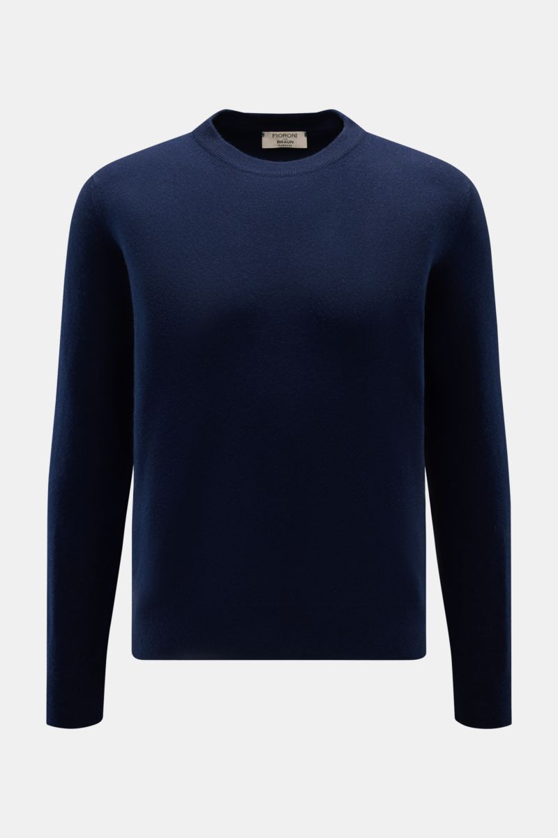 Fioroni Cashmere Rundhalspullover navy, Slim Fit, feines Strickbild, reiner Baby-Cashmere, weicher Griff, Rundhalsausschnitt, flexible Rippbündchen, frontal fotografiert.