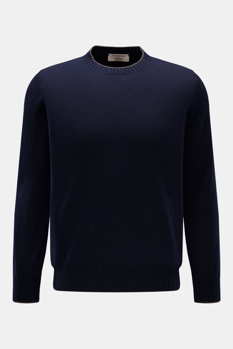 Fioroni Cashmere Rundhalspullover navy, Slim Fit, reiner Cashmere, weiches, feines Strickbild, Rundhals, flexible Rippbündchen, Frontalansicht.