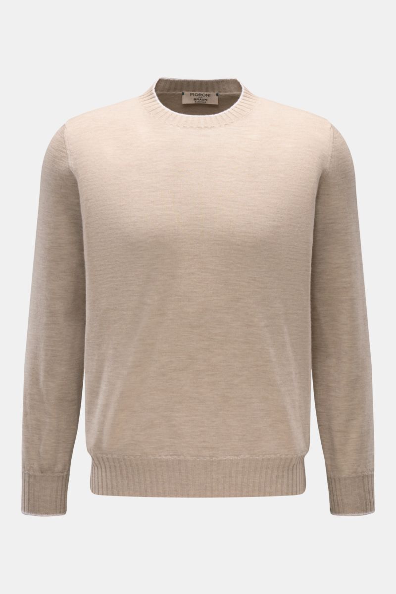 Fioroni Cashmere Rundhalspullover beige meliert, Slim Fit, reiner Cashmere, feines Strickbild, Rundhalsausschnitt, flexible Rippbündchen, Frontansicht.