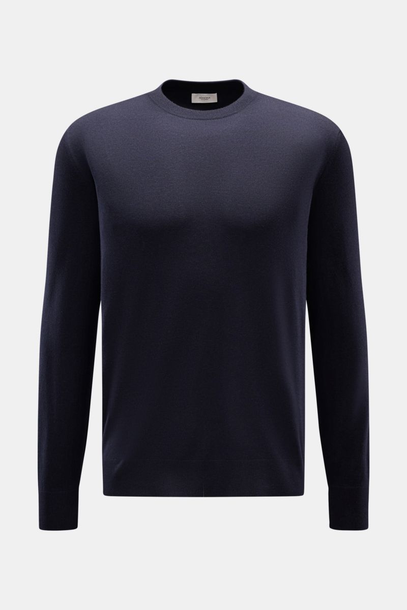 Agnona Cashmere Rundhalspullover navy, frontal fotografiert, Regular Fit, feines Strickbild, reiner Cashmere, weicher Griff, Rundhalsausschnitt, Rippbündchen, AGNONA-Metalllabel hinten.