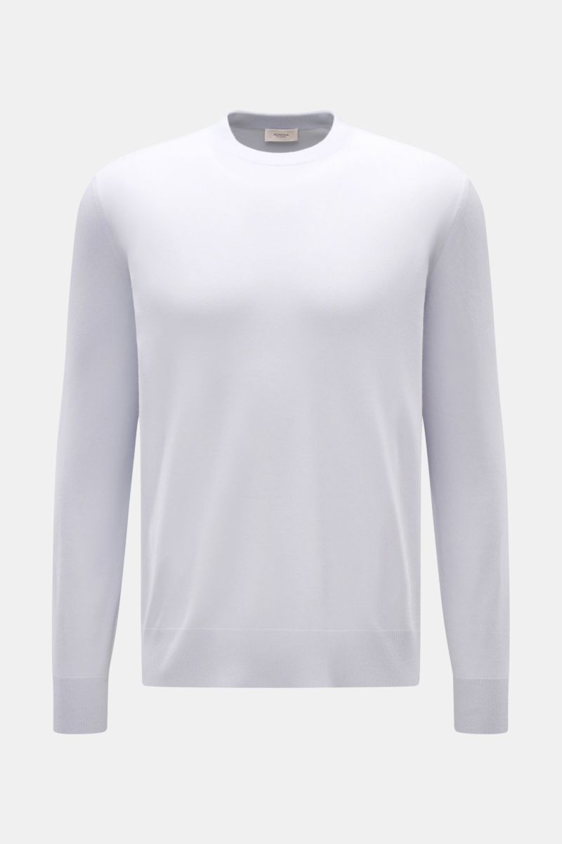 Agnona Cashmere Rundhalspullover rauchblau, Frontansicht, feines Strickbild, reiner Cashmere, weicher Griff, Regular Fit, Rundhalsausschnitt, Rippbündchen, Metalllabel hinten.