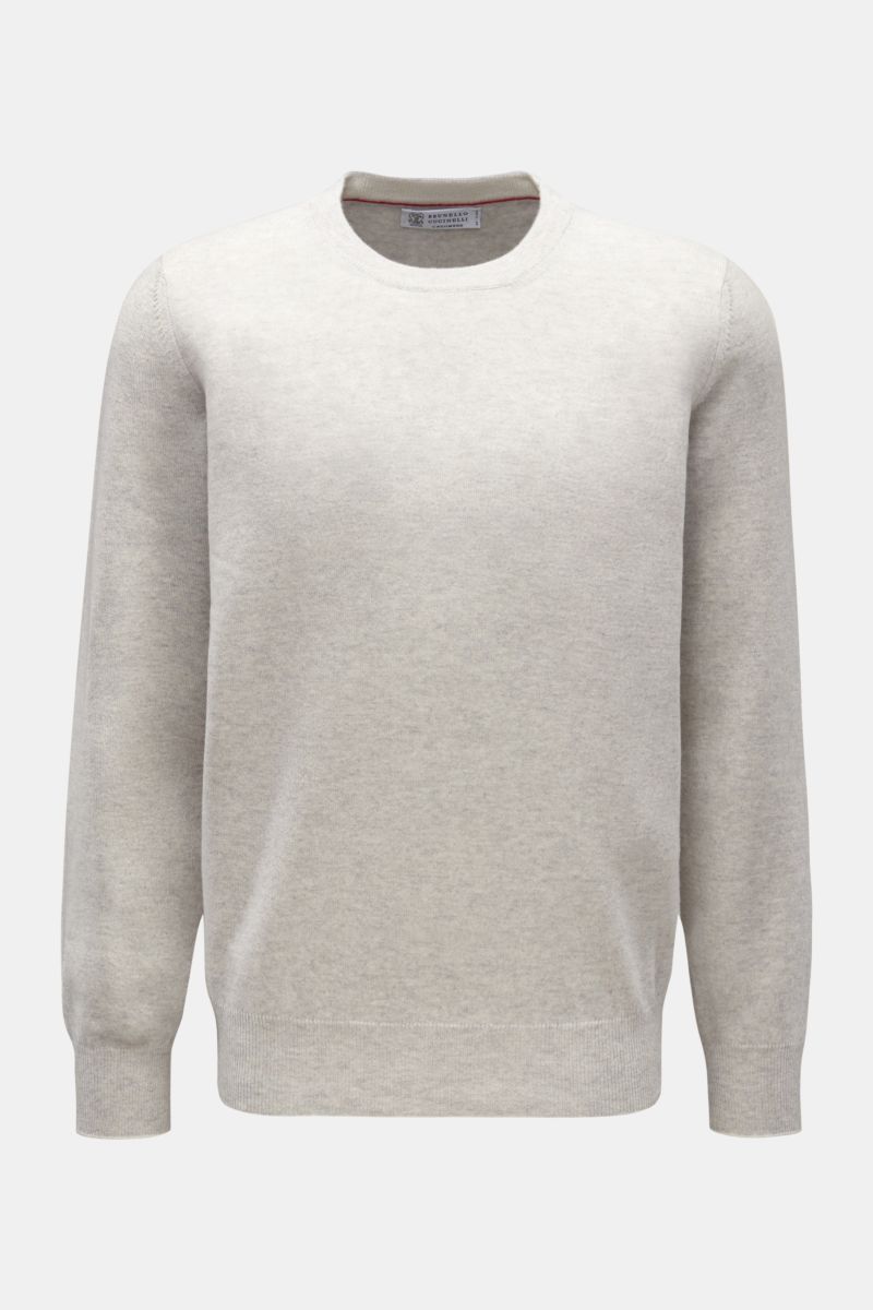 Front view of Brunello Cucinelli Cashmere crew neck jumper light grey, featuring pure cashmere, fine knit, narrow contrasting borders, regular fit, and flexible ribbed bands.

This luxurious cashmere jumper with crew neck by BRUNELLO CUCINELLI is a ver