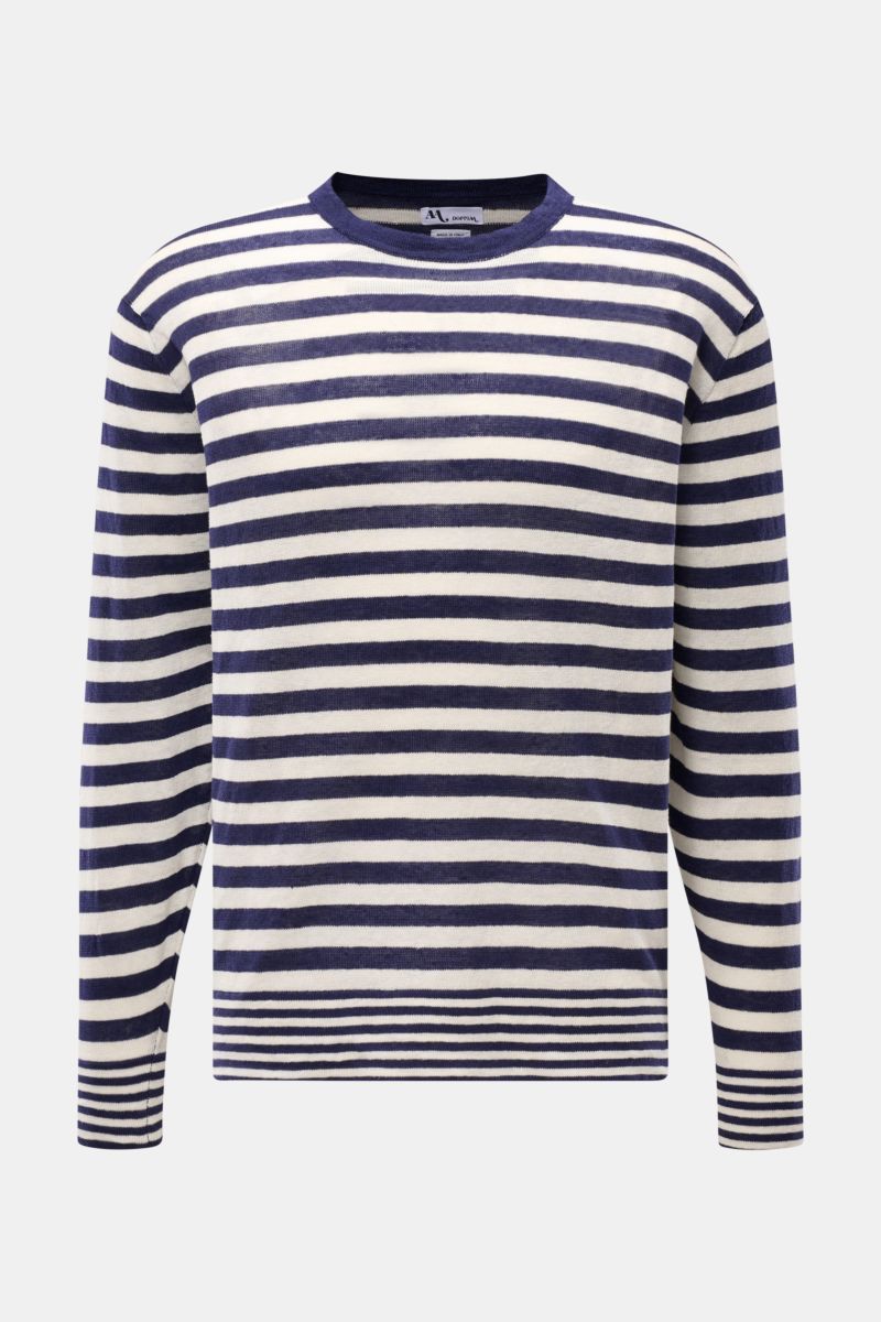 Front view of Doppiaa Crew neck jumper 'Aalfeo' navy/cream striped, made of pure linen with a classic striped pattern and crew neck.

Description: A summery essential in linen: This crew neck jumper by DOPPIAA is made of cool natural fibres and has a naut