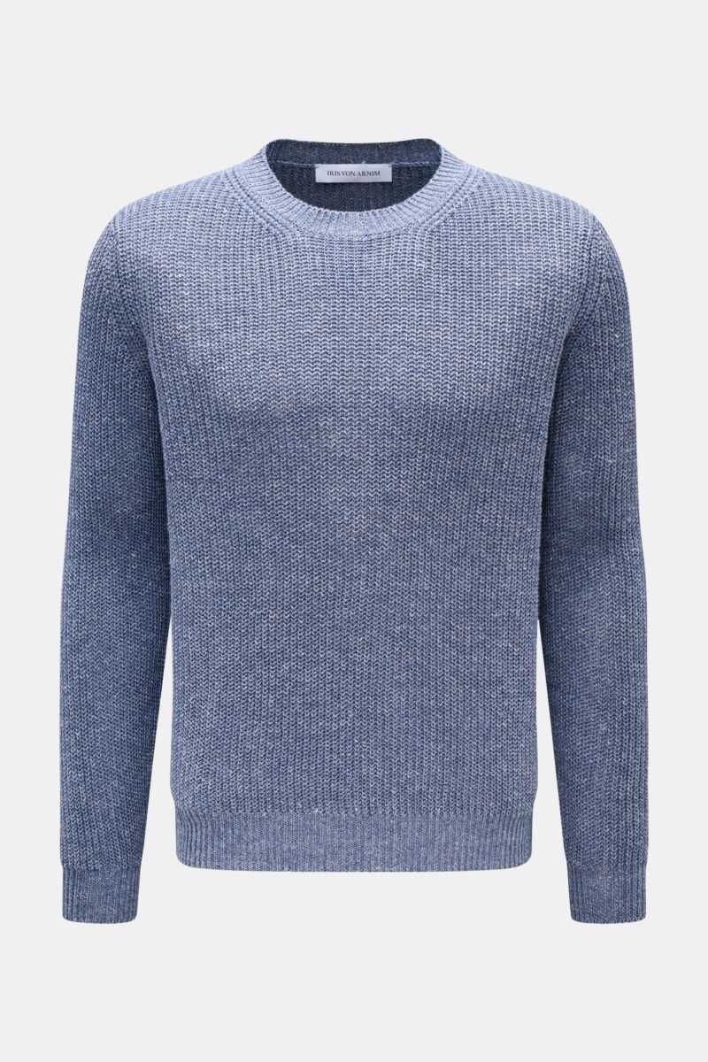 Iris von Arnim Crew neck jumper 'Leovan' smoky blue mottled, front view of voluminous brioche knit in fine linen-cotton blend, lightweight, regular fit, crew neck.