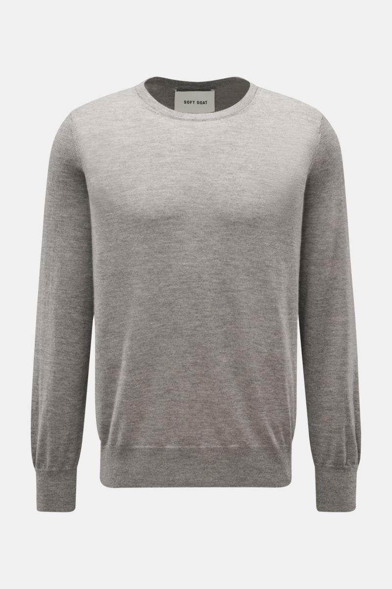 Front view of Soft Goat Cashmere crew neck jumper grey mottled, pure sustainable cashmere, very soft feel, fine knit, regular fit, crew neck, wide ribbed bands, super lightweight for cool spring evenings.