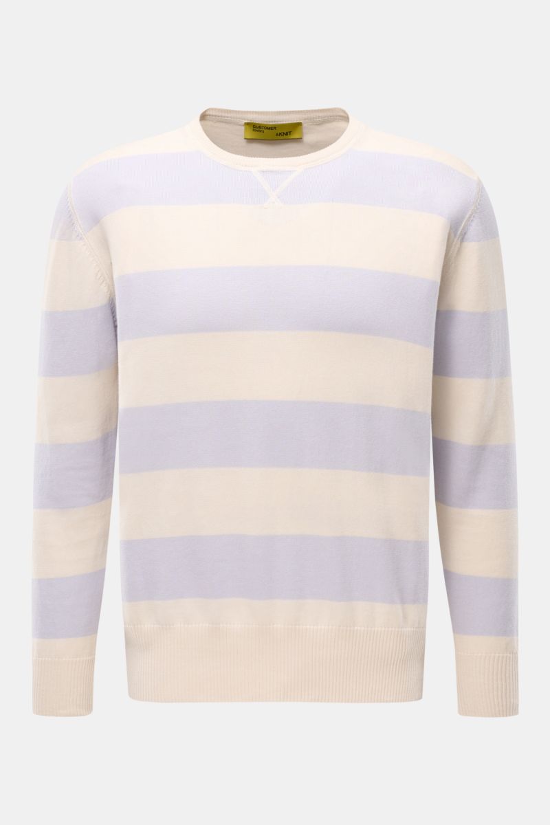 Front view of B.F. Knitwear Crew neck jumper lavender/cream striped, a lightweight summer knit in pure cotton with soft feel, fine knit, striped pattern, slim fit, crew neck, quilted decorative stitching, and elasticated rib knit bands.