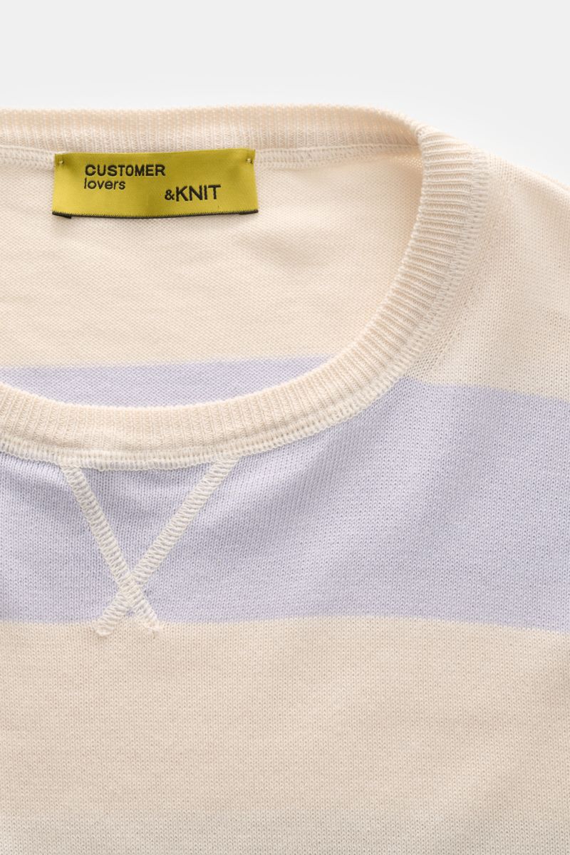 Close-up front view of B.F. Knitwear Crew neck jumper lavender/cream striped showing fine knit cotton fabric, crew neck, and quilted decorative stitching. Lightweight summer knit by experts B.F. KNITWEAR: This fine knit crew neck jumper in cotton with blo