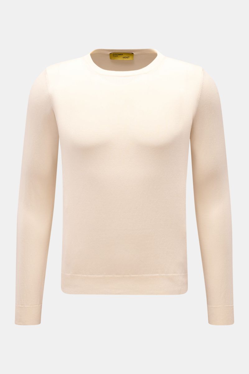 Front view of B.F. Knitwear Crew neck jumper cream in pure cotton, slim fit with fine knit and ribbed bands, soft feel.

A versatile essential for spring: This crew neck jumper in pure cotton by B.F. KNITWEAR enhances any wardrobe with a clean, timeles