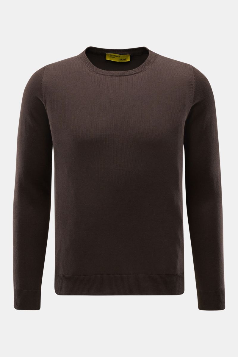 Front view of B.F. Knitwear Crew neck jumper dark brown, a slim fit pure cotton jumper with fine knit, soft feel, crew neck, and ribbed bands. A versatile essential for spring: This crew neck jumper in pure cotton by B.F. KNITWEAR enhances any wardrobe
