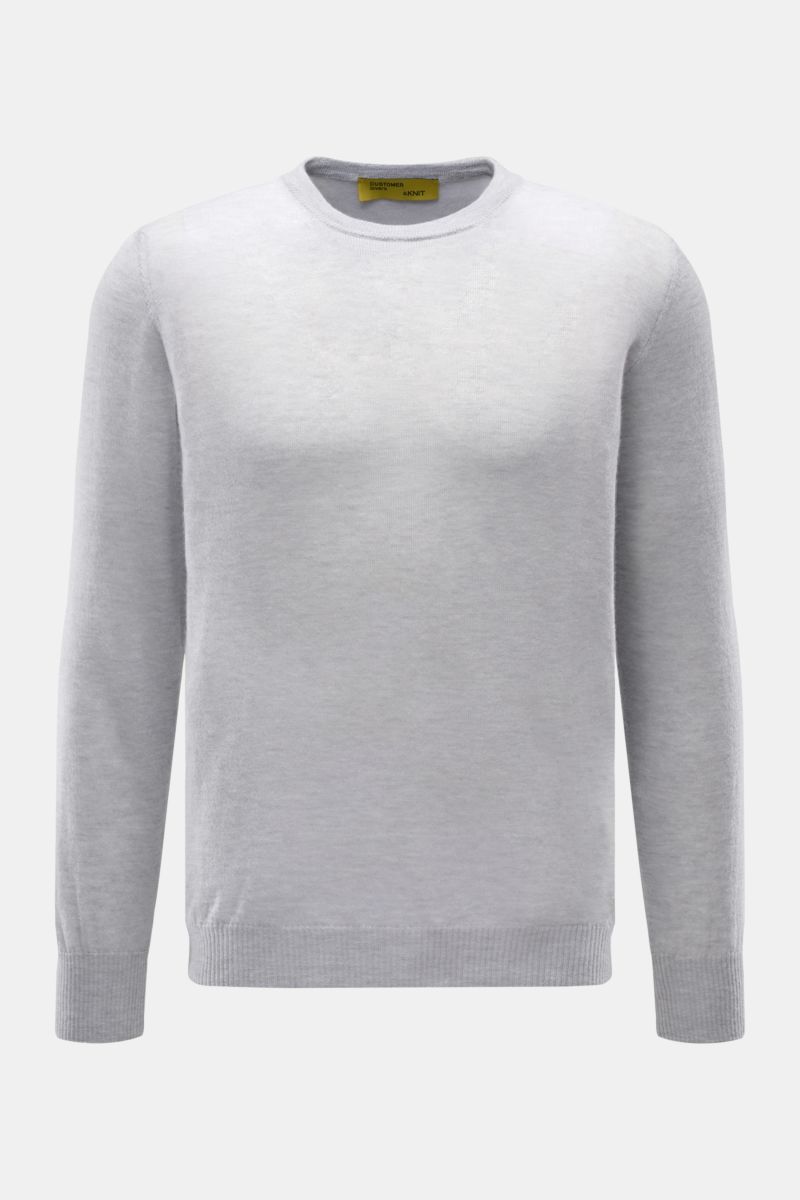Front view of the B.F. Knitwear Cashmere crew neck jumper light grey mottled, a slim fit, pure cashmere fine airy knit with soft feel and elasticated rib knit bands. Lightweight summer cashmere from knitwear experts B.F. KNITWEAR: enhance your spring ward