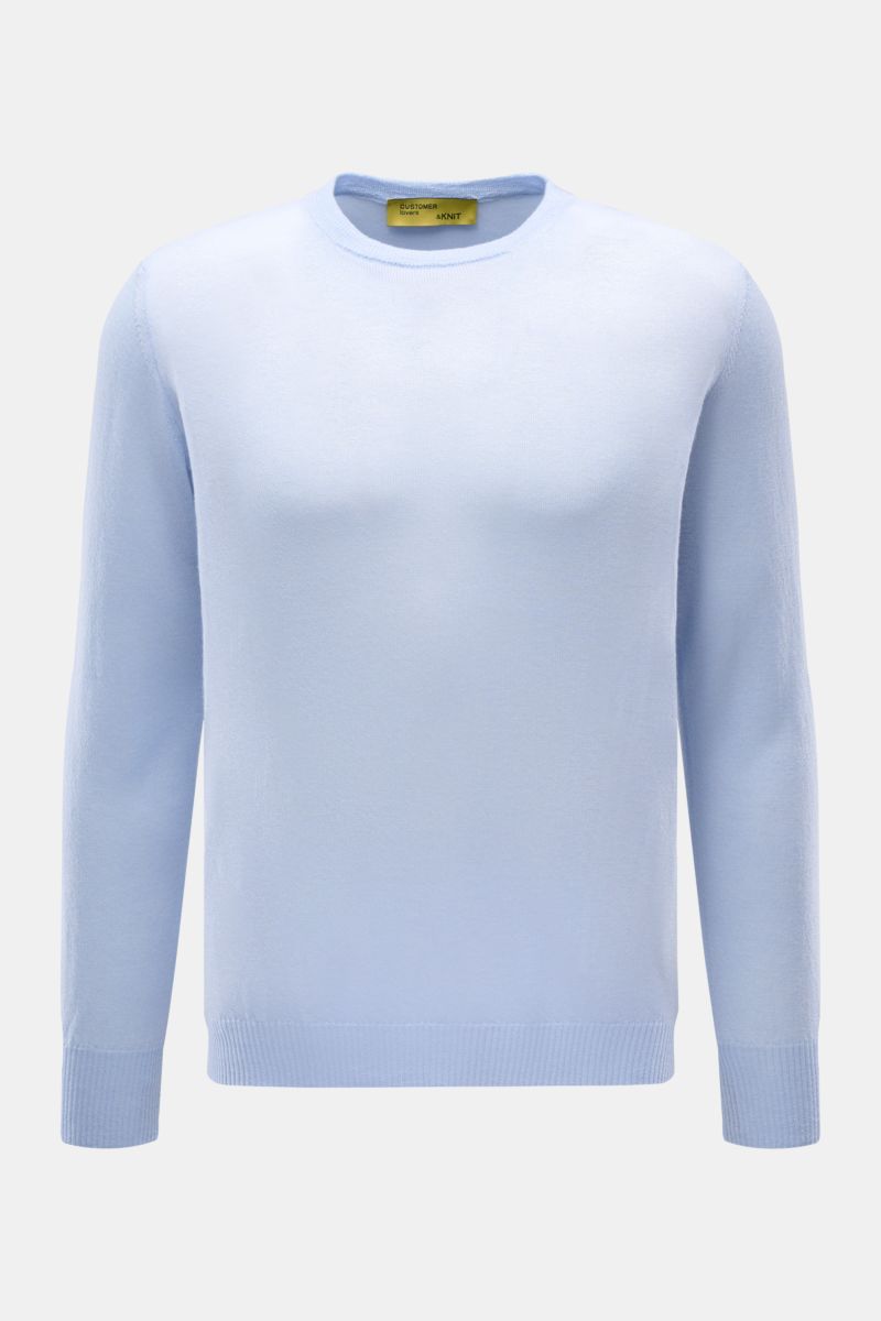 Front view of B.F. Knitwear Cashmere crew neck jumper light blue, lightweight summer cashmere with soft feel, fine airy knit, slim fit, elasticated rib knit bands, crew neck.