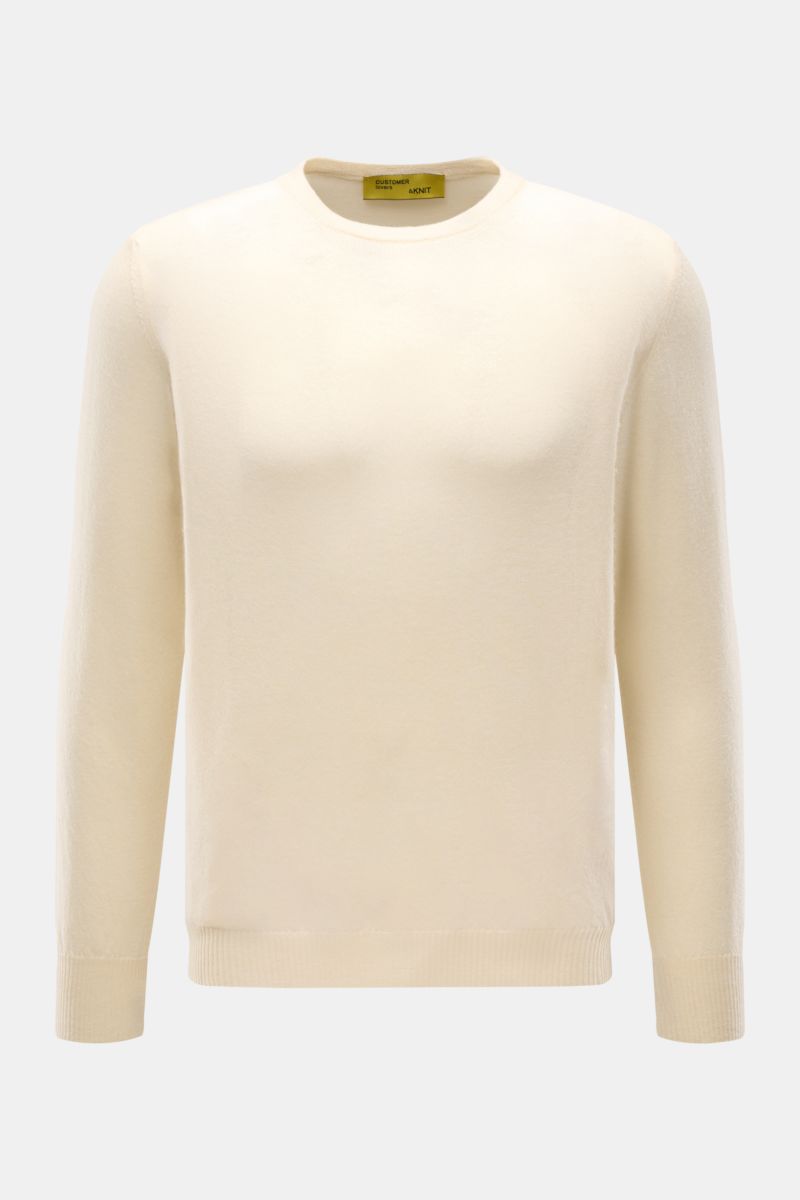 Front view of B.F. Knitwear Cashmere crew neck jumper cream, lightweight summer cashmere, pure, soft, fine airy knit, slim fit, crew neck, elasticated rib knit bands. Lightweight summer cashmere from knitwear experts B.F. KNITWEAR: enhance your spring 