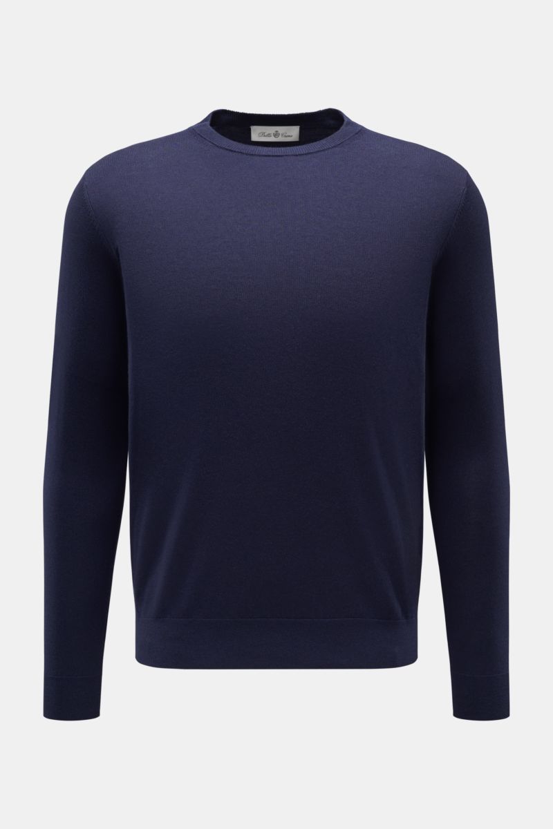 Della Ciana Feinstrick-Rundhalspullover 'Girocollo' navy shown front-facing, slim fit with soft silk-cashmere blend, fine knit, round neckline, and ribbed cuffs. 