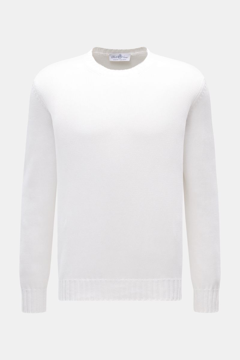 Front view of Della Ciana Crew neck jumper white, an elegant Italian cotton jumper with slim fit and ribbed bands.

This elegant Italian cotton jumper by DELLA CIANA will enhance your spring wardrobe with its classic fit and can be styled in a variety 