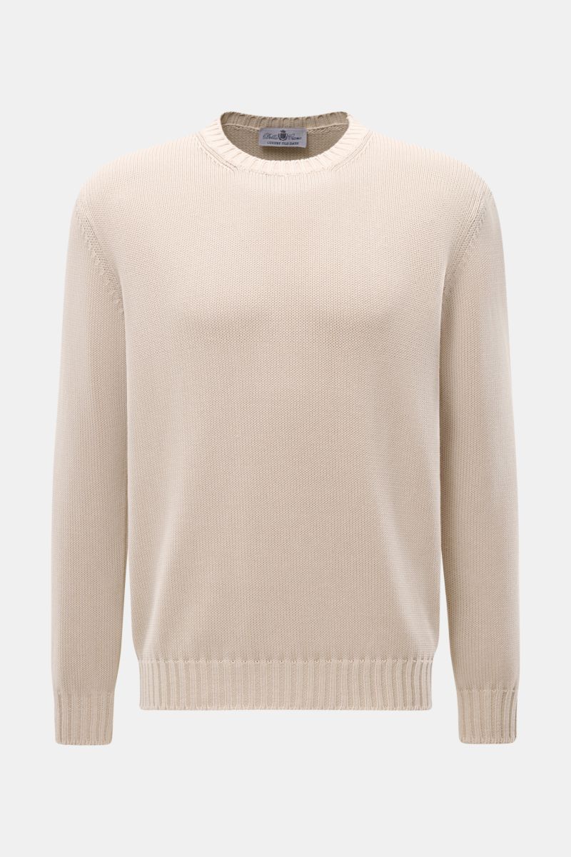Della Ciana Rundhalspullover sand, Frontansicht, Slim Fit, reiner Pima-Baumwollstrick, Rundhalsausschnitt, weicher Griff, mittelfeines Strickbild, Rippbündchen.