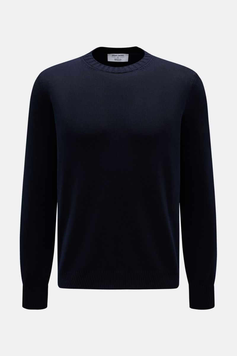 Gran Sasso Rundhalspullover navy, Slim Fit, reine Baumwolle, weicher Griff, feines Strickbild, Rundhalsausschnitt, Rippbündchen, Frontansicht.
