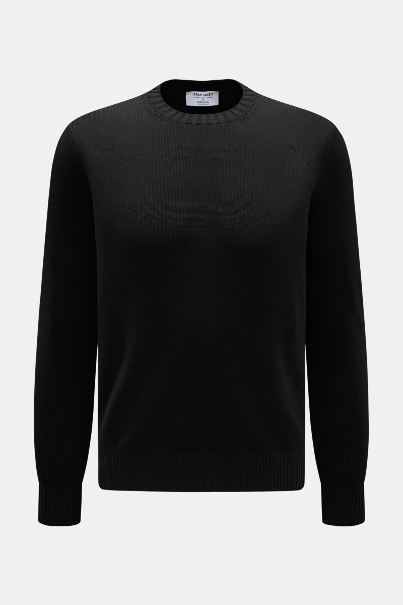 Gran Sasso Rundhalspullover schwarz, Slim Fit, reine Baumwolle, feines Strickbild, Rundhalsausschnitt, Rippbündchen, Frontalansicht.