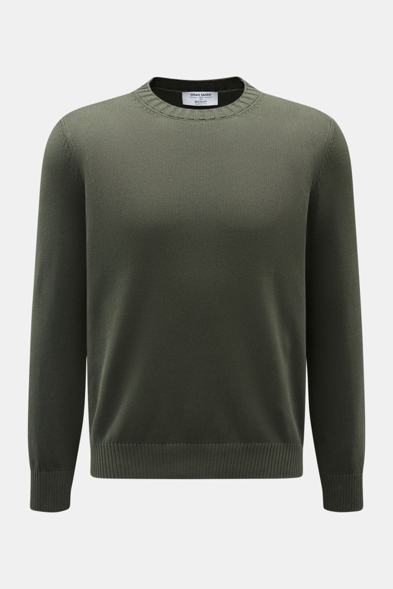 Gran Sasso Rundhalspullover dunkelgrün aus reiner Baumwolle, Slim Fit, mittelfeines Strickbild, Rundhals, Rippbündchen, frontal fotografiert.