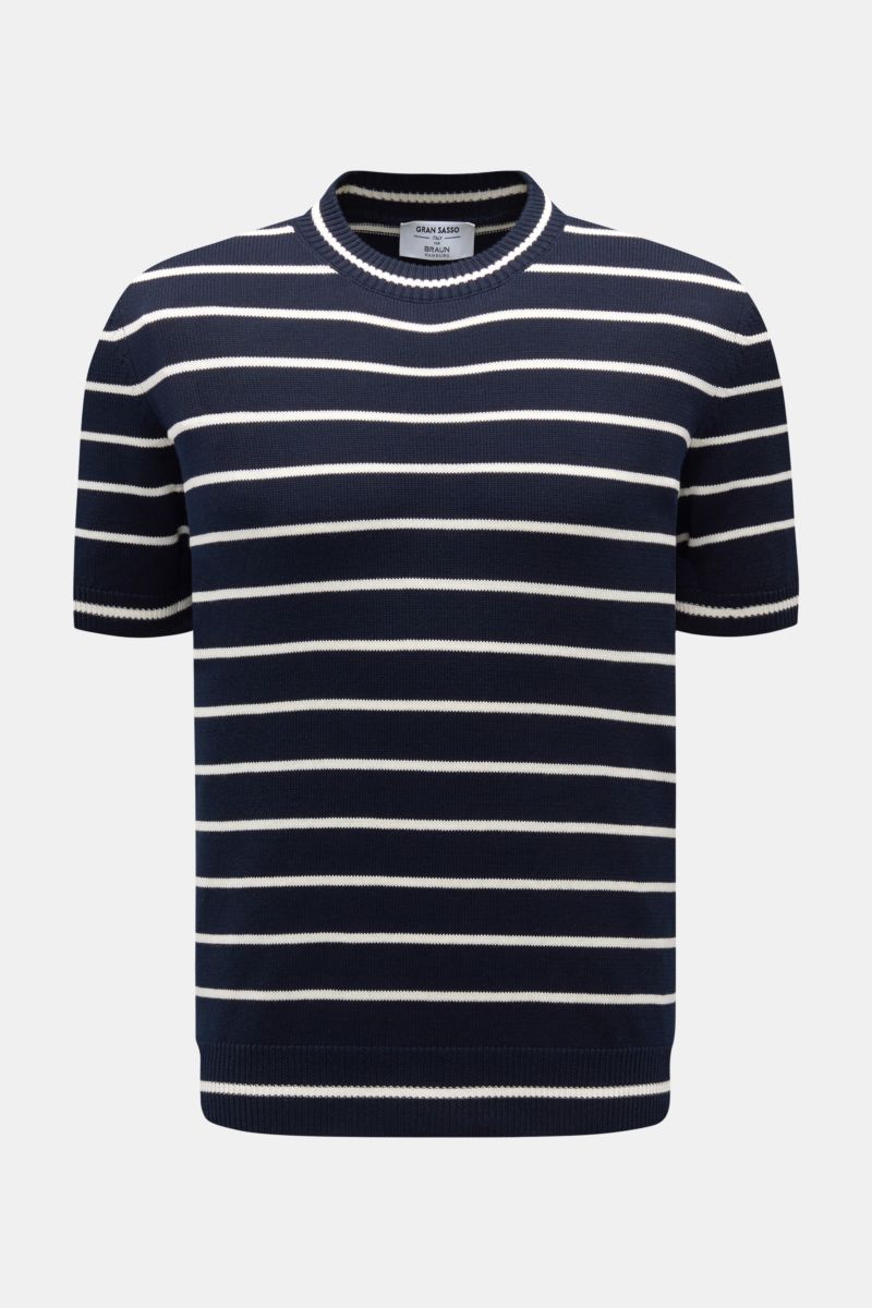 Gran Sasso Kurzarmpullover navy/weiß gestreift, Slim Fit, Rundhalsausschnitt, mittelfeines Strickbild, reine Bio-Baumwolle, von vorne fotografiert.
