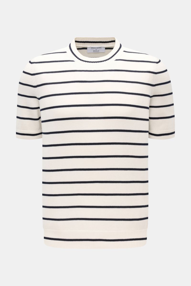 Gran Sasso Kurzarmpullover weiß/schwarz gestreift, Slim Fit, aus reiner Bio-Baumwolle mit Rundhals, weichem Griff, schmalen Streifen, flexible Rippbündchen, frontale Perspektive.