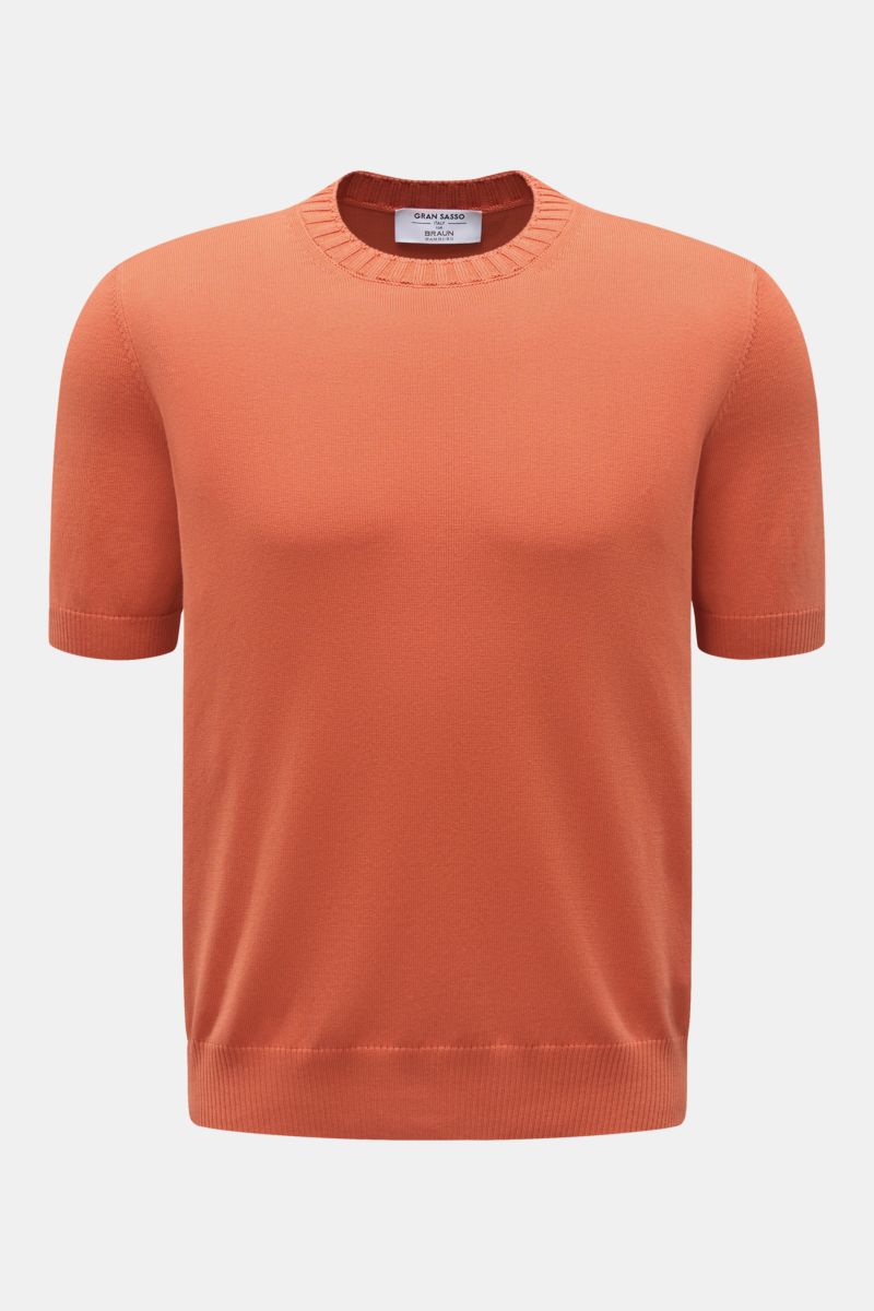 Gran Sasso Kurzarmpullover orange, frontale Aufnahme, reine Baumwolle, Slim Fit, Rundhalsausschnitt, weicher Griff, feines Strickbild, Rippbündchen.
