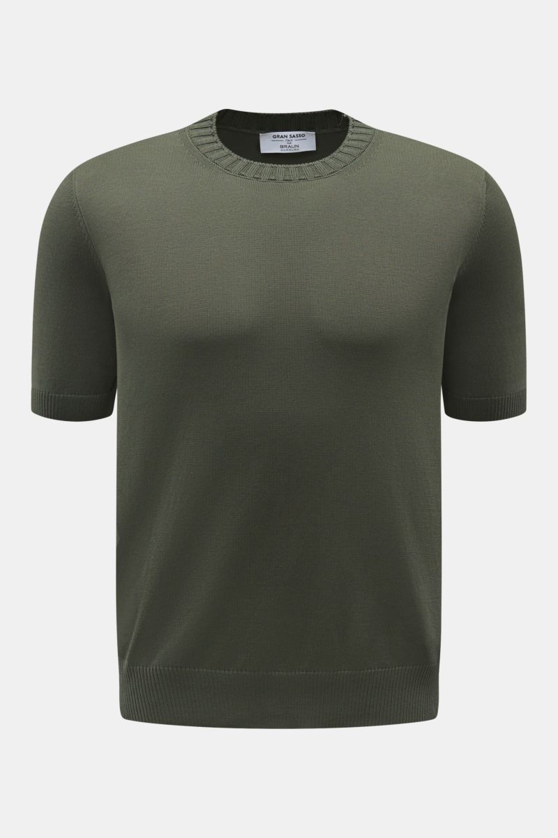 Gran Sasso Kurzarmpullover dunkelgrün, frontale Ansicht, reine Baumwolle, Slim Fit, feines Strickbild, Rundhalsausschnitt, weicher Griff, komfortable Rippbündchen.