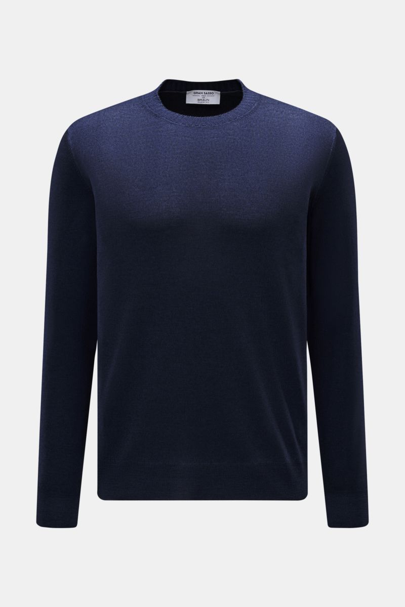 Gran Sasso Rundhalspullover dunkelblau meliert, reine Wolle, Slim Fit, Rundhalsausschnitt, feines Strickbild, Rippbündchen, frontale Produktansicht.