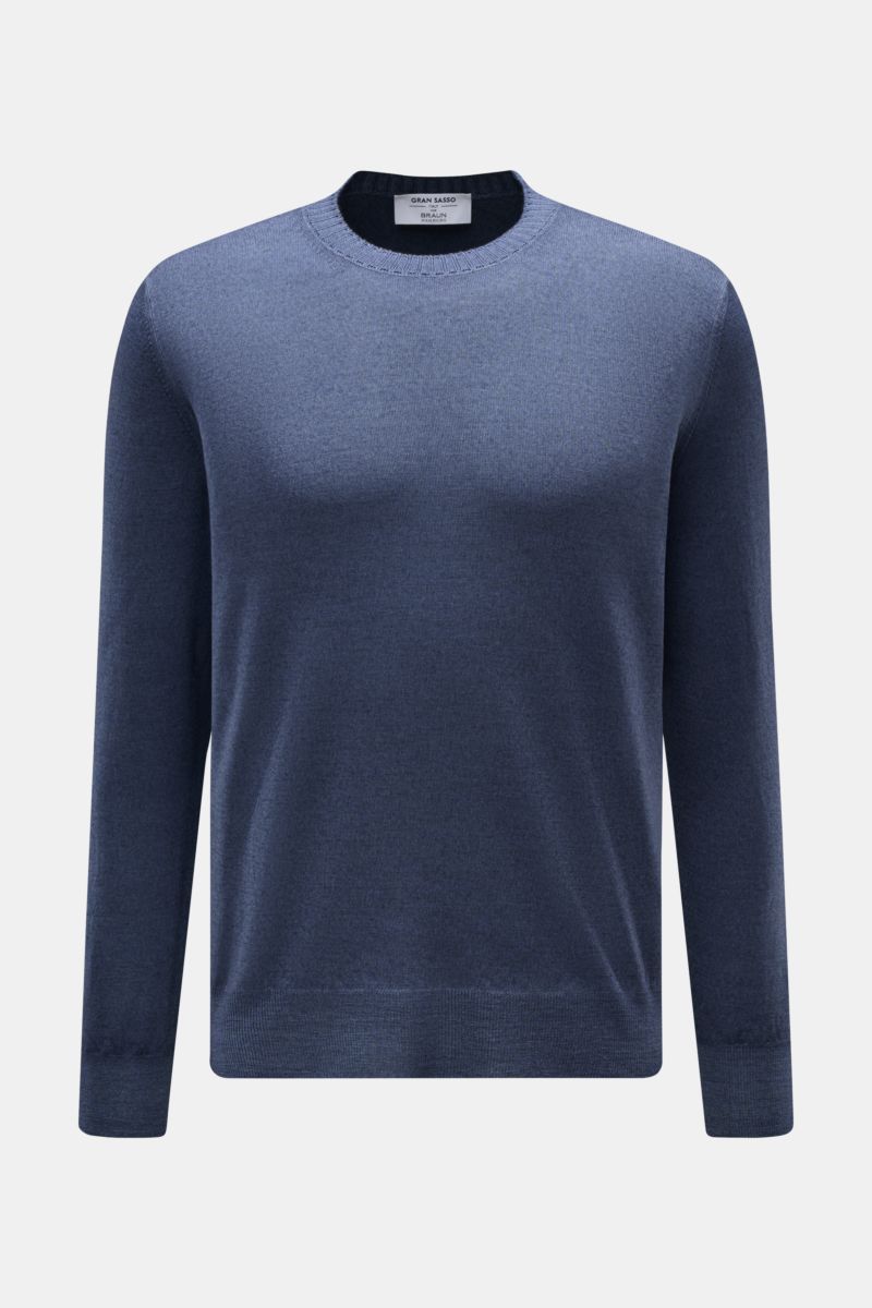 Gran Sasso Rundhalspullover graublau meliert, Slim Fit, reine Wolle, feines Strickbild, Rundhalsausschnitt, Rippbündchen, Frontansicht.
