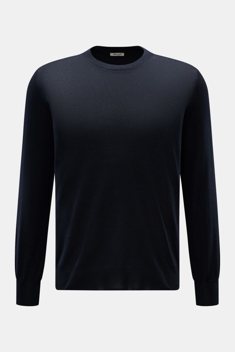 Gran Sasso Rundhalspullover navy, Frontansicht, feiner Strick, Rundhals, Regular Fit, weiche Mischung aus Wolle, Cashmere und Seide, flexible Rippbündchen.