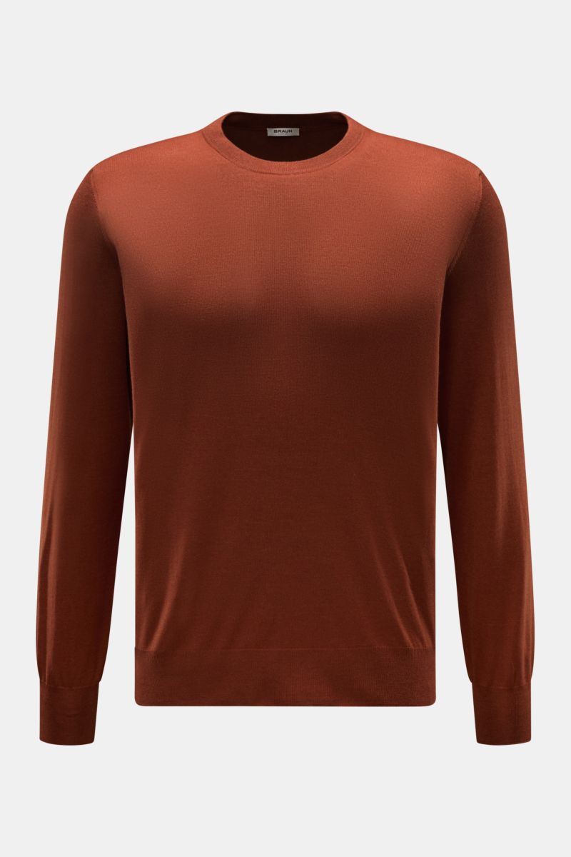 Gran Sasso Rundhalspullover rostbraun, frontal fotografiert, Regular Fit, Rundhals, weicher Feinstrick aus Wolle, Cashmere und Seide, flexible Rippbündchen.