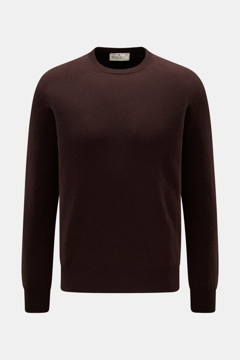 Bruno Manetti Cashmere Rundhalspullover dunkelbraun, Frontansicht, Regular Fit, weiches feines Strickbild, Rundhalsausschnitt, Rippbündchen, reiner Cashmere.