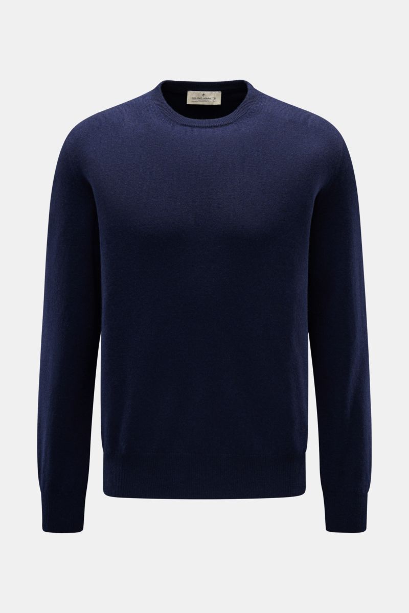 Bruno Manetti Cashmere Rundhalspullover navy, frontale Ansicht, feines Strickbild, weicher Griff, Regular Fit, Rundhalsausschnitt, Rippbündchen.