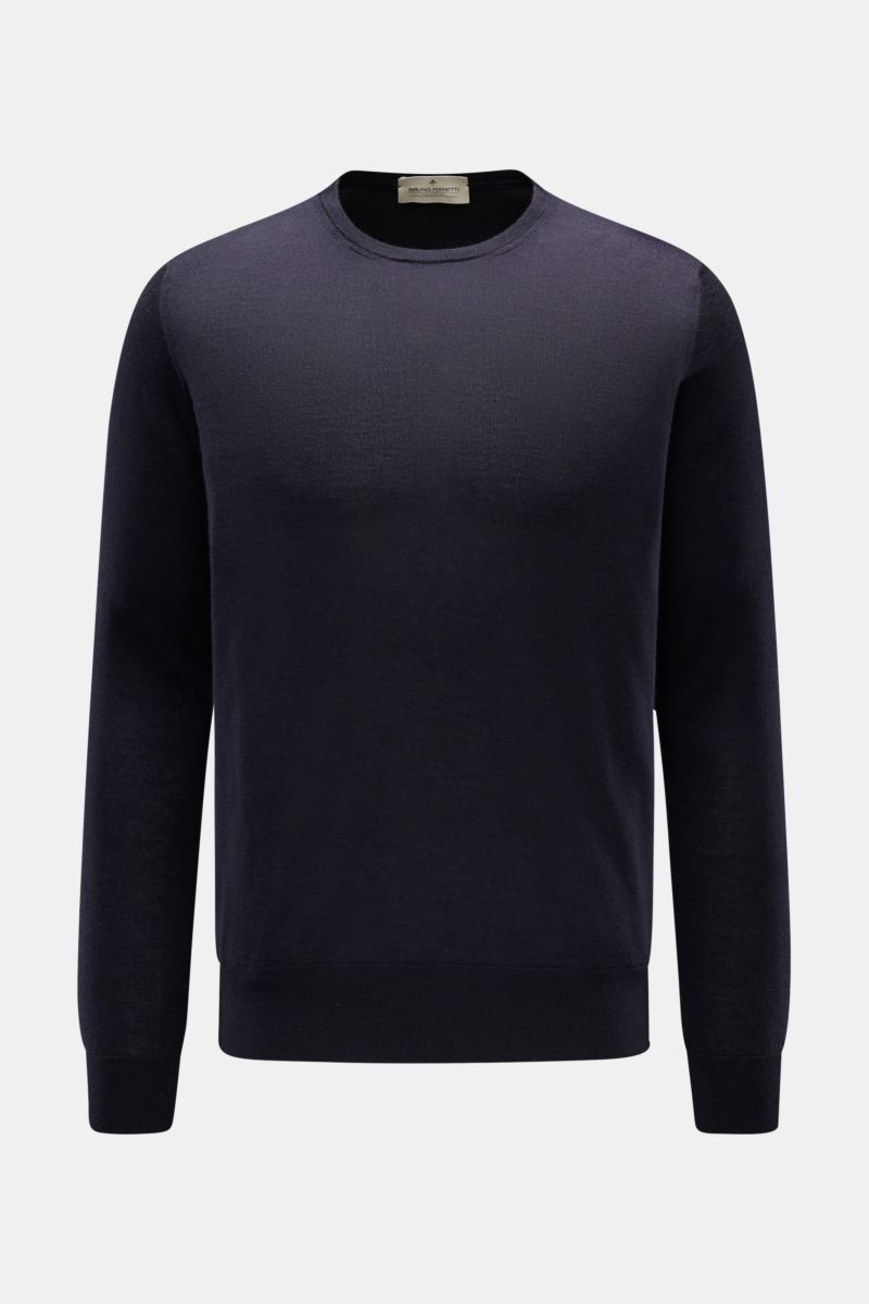 Bruno Manetti Feinstrick-Rundhalspullover navy, frontal fotografiert, Regular Fit, Cashmere-Seide-Mix, weicher Griff, Rundhalsausschnitt, Rippbündchen.